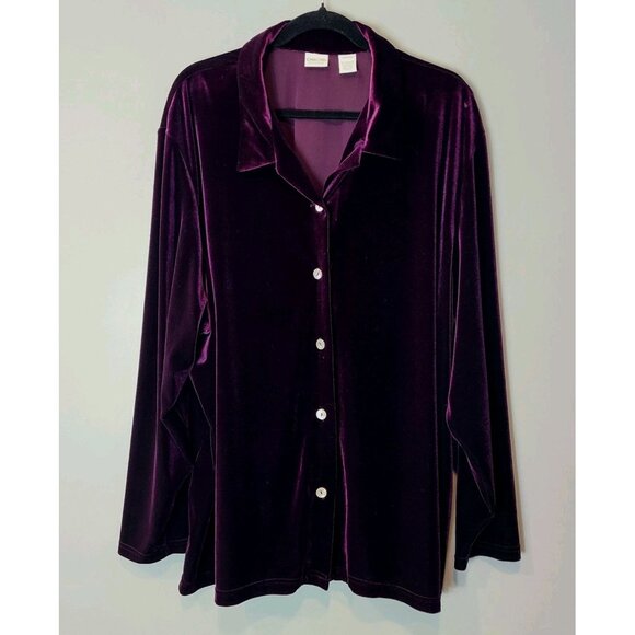 Vintage Velvet Top Deep Purple Button Down Shirt Holiday Jacket 26W 90s Grunge - Picture 1 of 6
